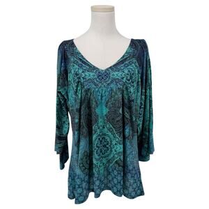 Y2K VTG oneworld Babydoll Rhinestone Boho Blouse Turquoise Print L